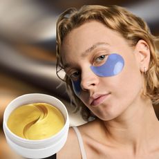 a woman with short blonde hair wearing a blue under eye mask next to a white jar with gold under eye masks