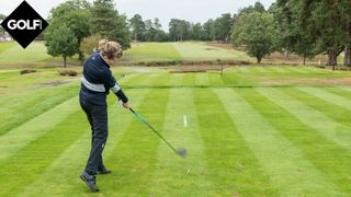 PGA pro Katie Dawkins hitting a drive at West Hill Golf Club