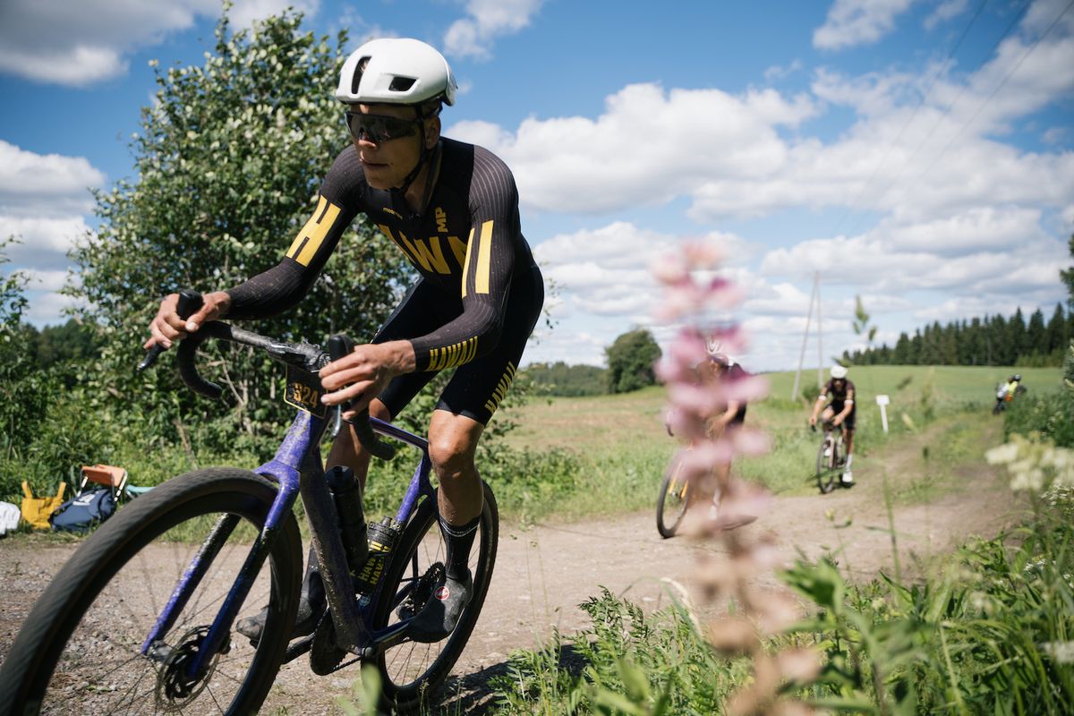 Markus Pajur on his way to the win in the 117km distance at FNLD GRVL 2024