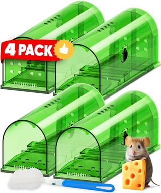 Green plastic Motel Mouse Humane No Kill Live Catch and Release Mouse Traps, With Cleaning Brush - 4 Pack