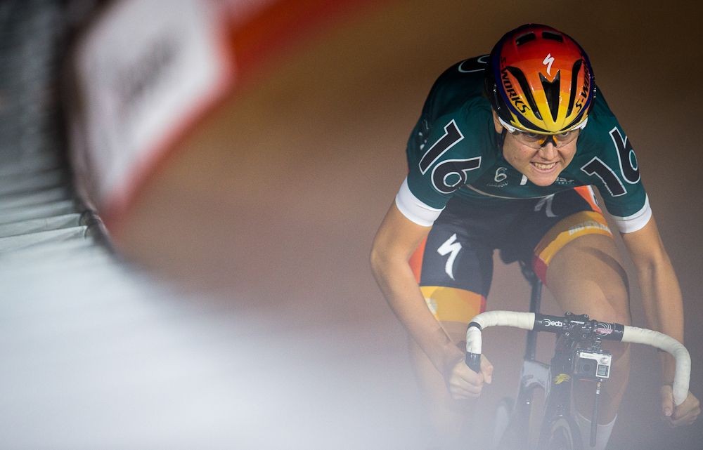 Amalie Diderikson of Denmark competes in the womens sprint during the Six Day London Cycling at the Velodrome