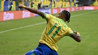 Raphinha of Brazil celebrates after scoring their first goal during the FIFA World Cup Qualifiers 2026 South America match prior to the Venezuela vs Brazil live stream