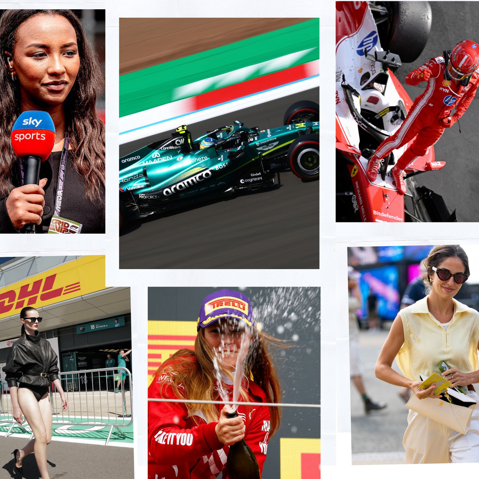 A montage of photos from the F1 Grand Prix of Great Britain at Silverstone Circuit