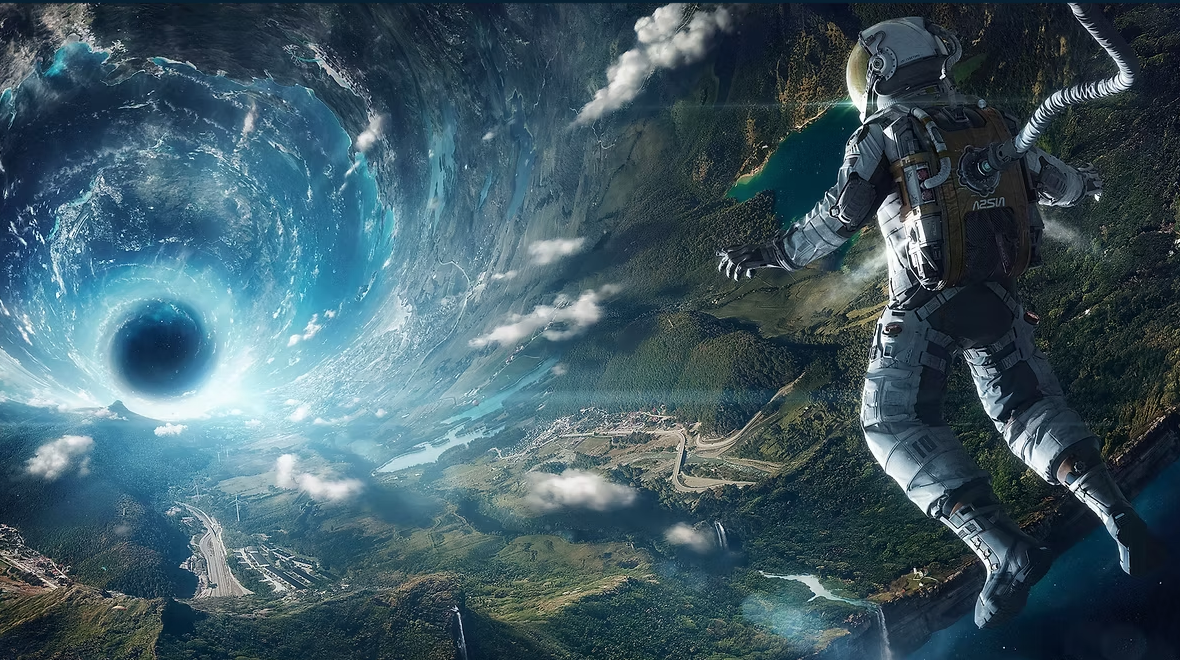 an astronaut hovering over a gigantic spaceship