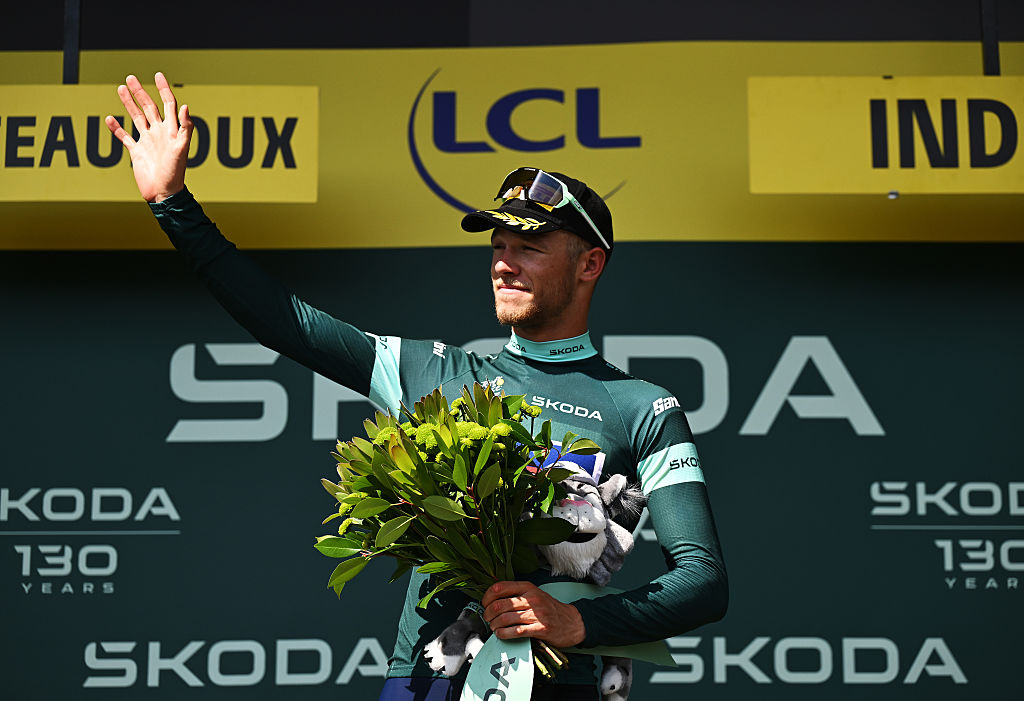 CHATEAUROUX, FRANCE - JULY 13: Jonathan Milan of Italy and Team Lidl - Trek celebrates at podium as Green Sprint Jersey winner during the 112th Tour de France 2025, Stage 9 a 174.1km stage from Chinon to Chateauroux ) / #UCIWT / on July 13, 2025 in Chateauroux, France.