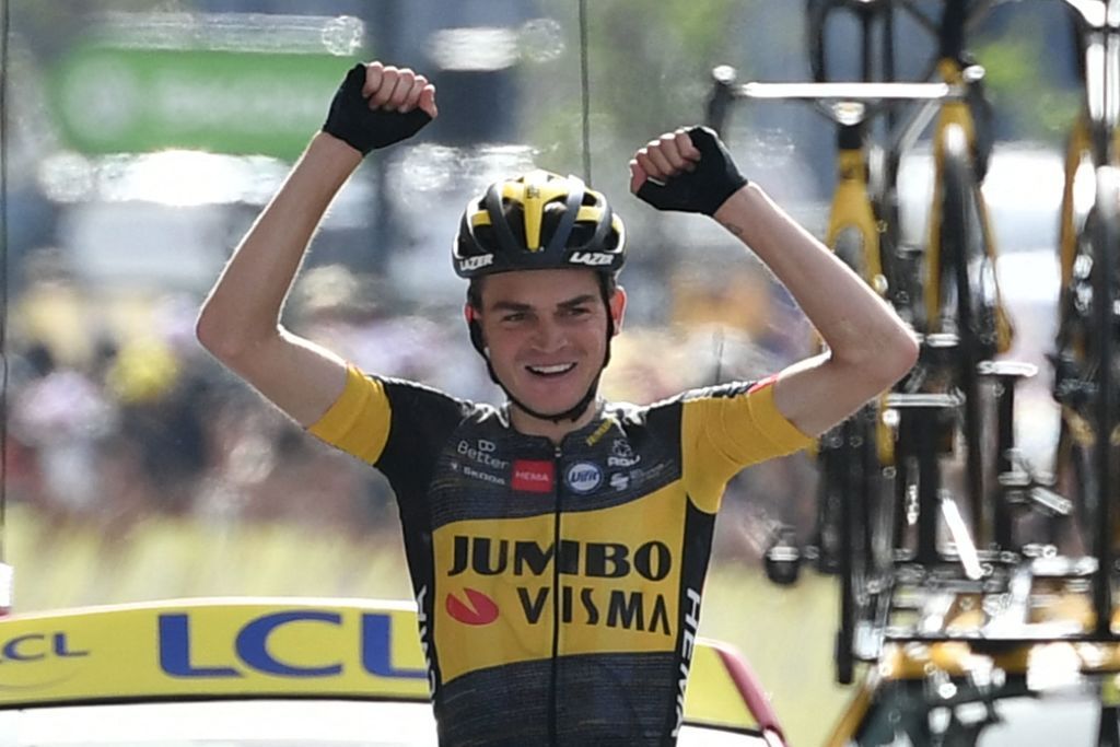 Team Jumbo Vismas Sepp Kuss of US celebrates as he crosses the finish line of the 15th stage of the 108th edition of the Tour de France cycling race 191 km between Ceret and AndorreLaVieille on July 11 2021 Photo by Philippe LOPEZ AFP Photo by PHILIPPE LOPEZAFP via Getty Images