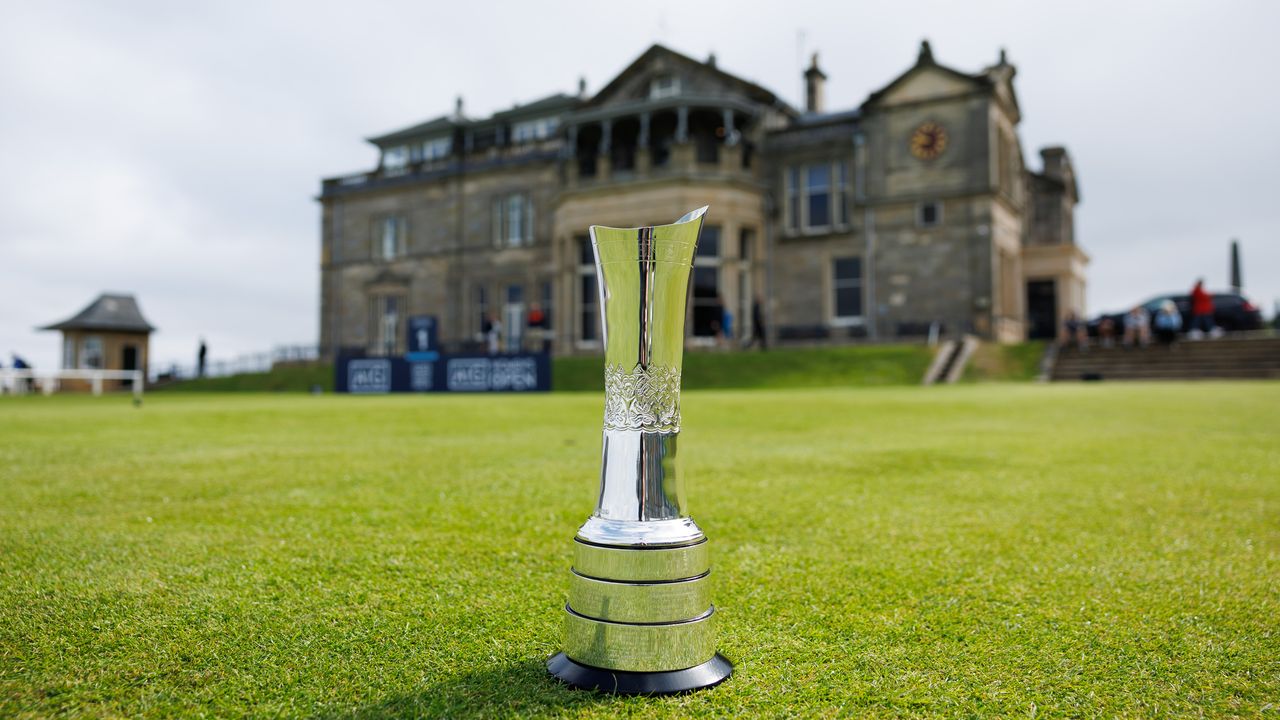 A general view of the AIG Women&#039;s Open trophy outside of St Andrews&#039; Old Course clubhouse