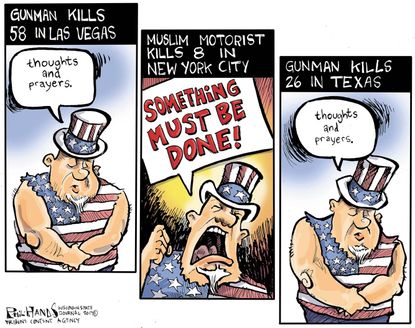 Political cartoon U.S. Thoughts and prayers terrorism Islam gun violence
