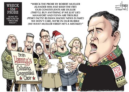 Political cartoon U.S. Fox News Sean Hannity Russia probe Mueller Christmas