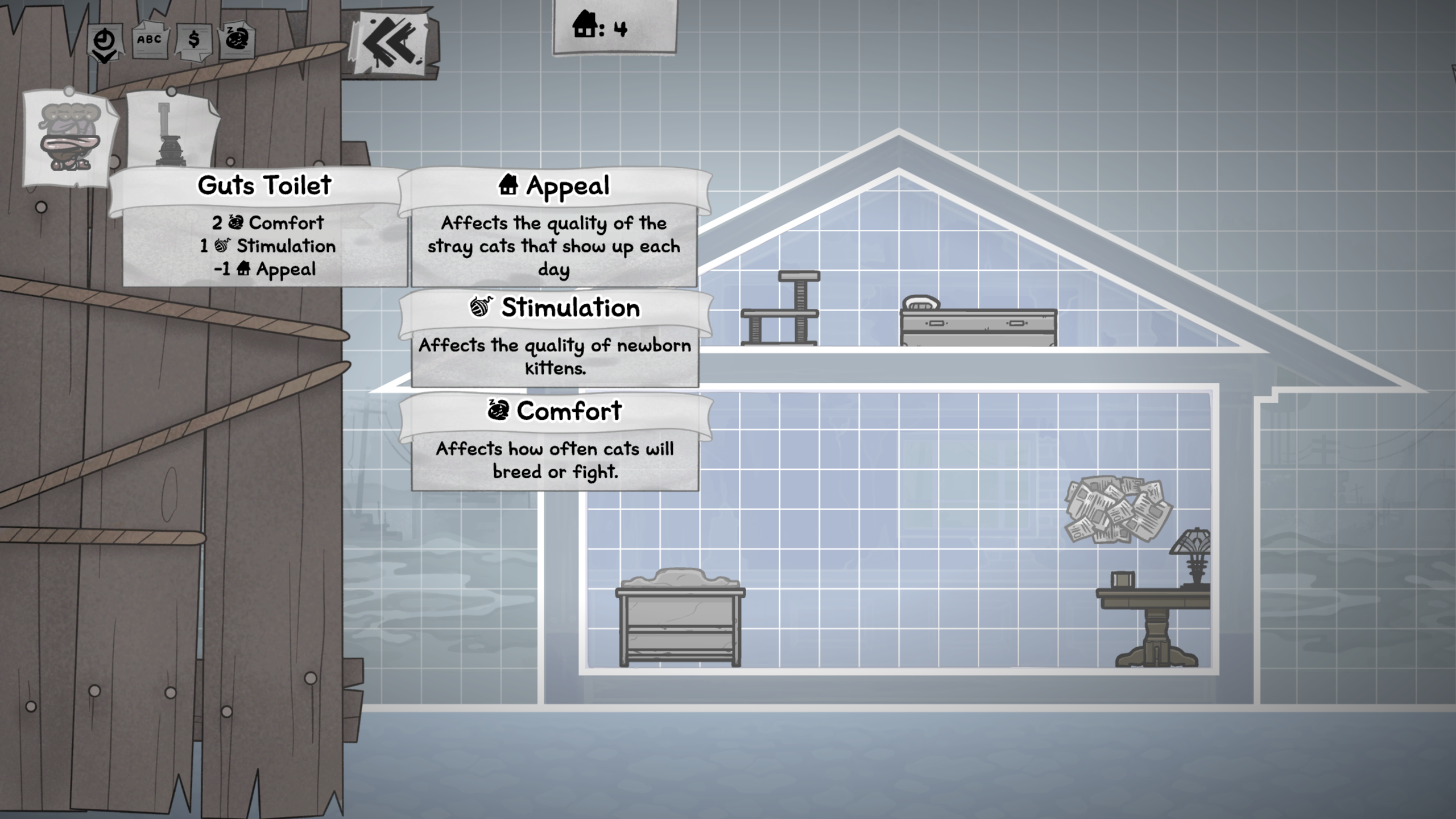Mewgenics breeding guide: A blueprint overlay of the player's house as they inspect a furniture item.