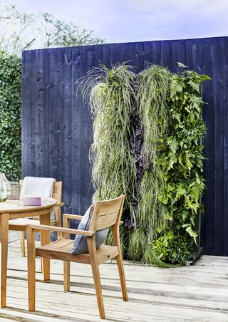 An external decked area with living wall and round wooden outdoor table with matching chairs