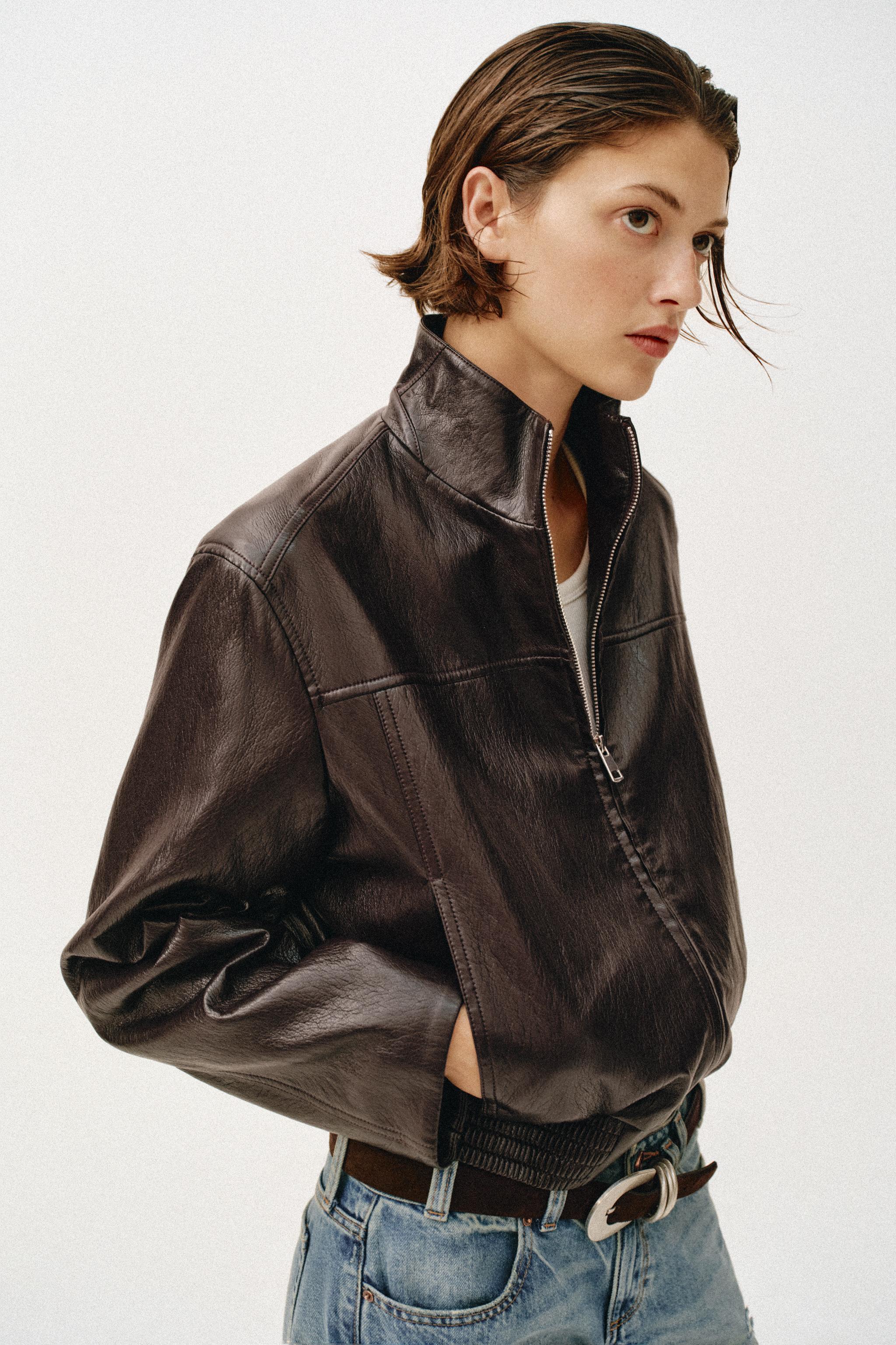 Cropped Leather Effect Bomber Jacket