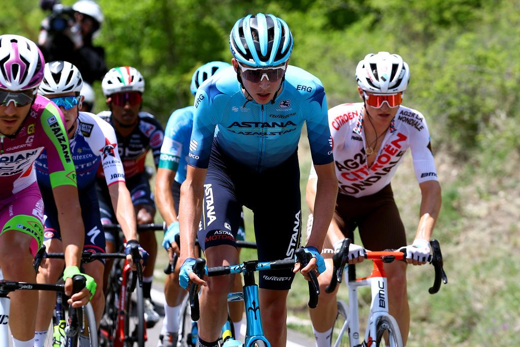BLOCKHAUS ITALY MAY 15 Joseph Lloyd Dombrowski of United States and Team Astana Qazaqstan competes in the breakaway during the 105th Giro dItalia 2022 Stage 9 a 191km stage from Isernia to Blockhaus 1664m Giro WorldTour on May 15 2022 in Blockhaus Italy Photo by Michael SteeleGetty Images