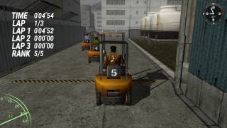 Ryu races a forklift in Shenmue HD