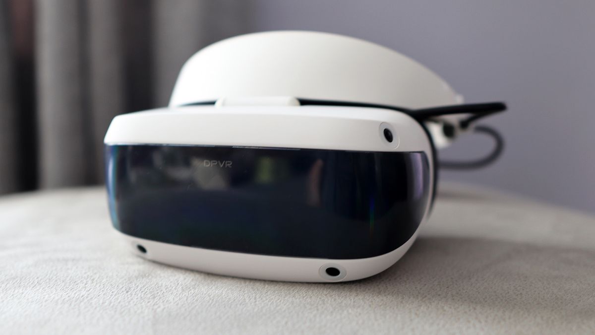 DPVR E4 virtual reality headset with controllers from various angles.