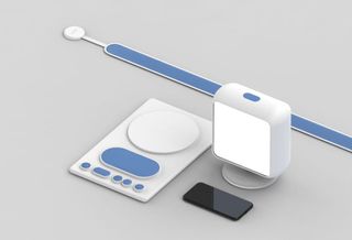 Render of a series of white and blue devices