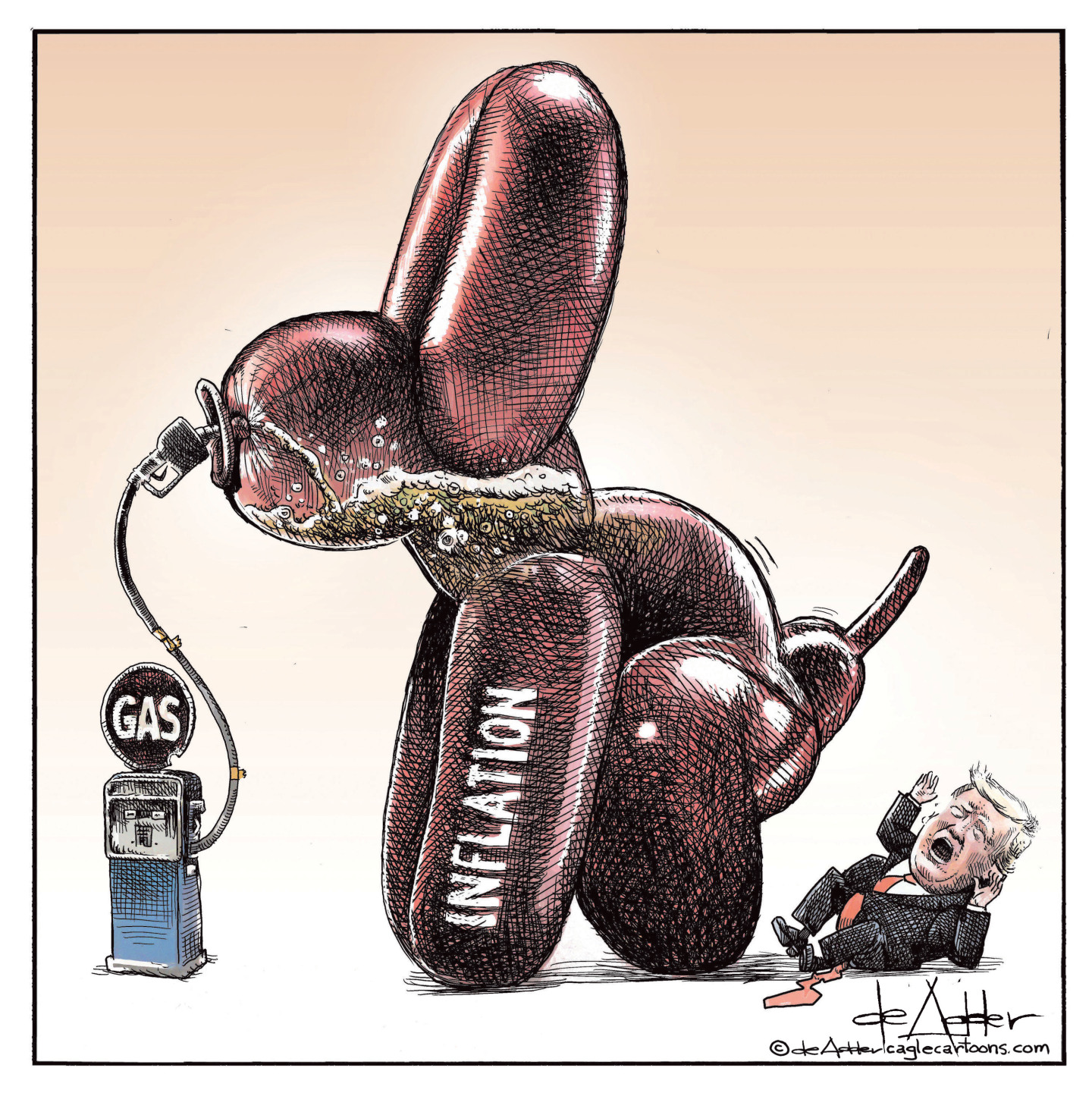 This single-panel political cartoon features a massive balloon animal labeled "INFLATION" being filled with fuel from a gas pump. The balloon has knocked down Donald Trump, who lies on the ground looking distressed.
