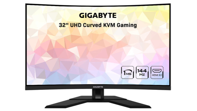 A Gigabyte M32UC gaming monitor against a white background