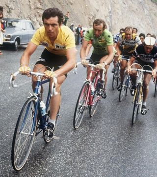Frenchman Bernard Hinault leads Dutchman Joop Zoetemelk (green jersey) during the 16th stage of the Tour de France in 1979. Hinault went on to win his second consecutive Tour de France as Zoetemelk finished second again.
