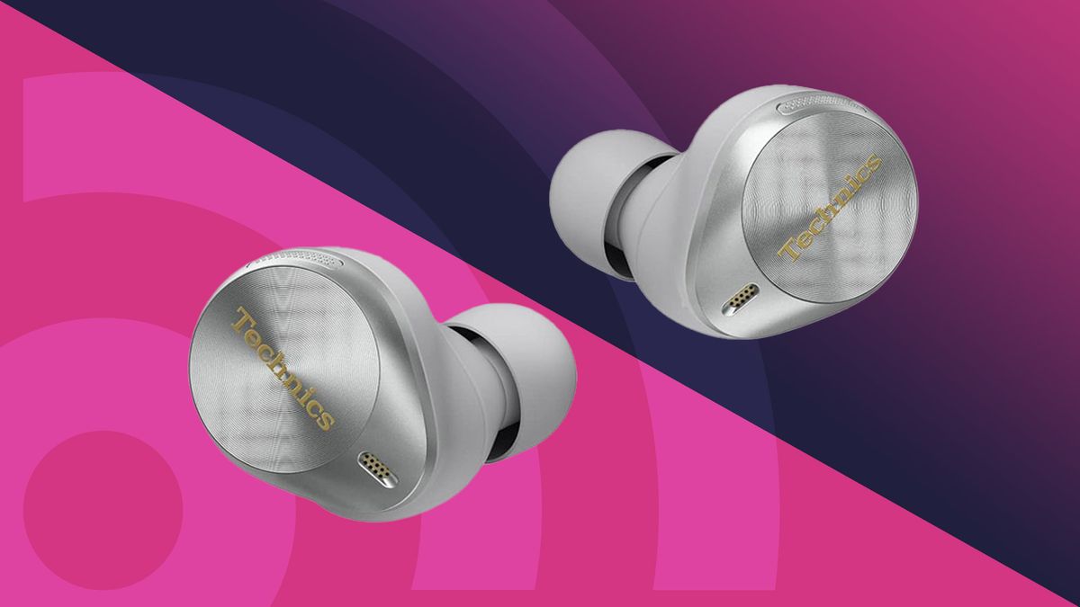 Silver Technics EAH-AZ80 earbuds on a pink and blue gradient background.