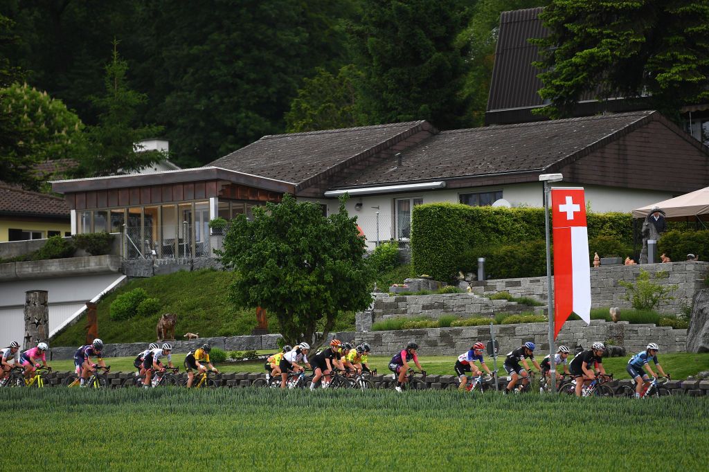 FRAUENFELD SWITZERLAND JUNE 05 Audrey CordonRagot of France and Team Trek Segafredo Katia Ragusa of Italy and AR Monex Womens Pro Cycling Team Lucinda Brand of Netherlands and Team Trek Segafredo The Peloton during the 1st Tour de Suisse Women 2021 Stage 1 a 1143km stage from Frauenfeld to Frauenfeld tourdesuisse tds tdswomen on June 05 2021 in Frauenfeld Switzerland Photo by Tim de WaeleGetty Images