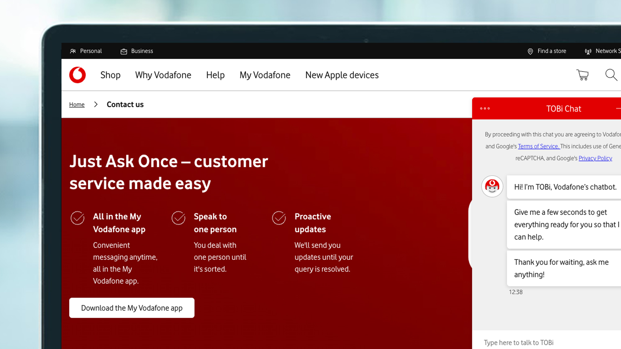 A laptop screen showing the Vodafone help page on its website