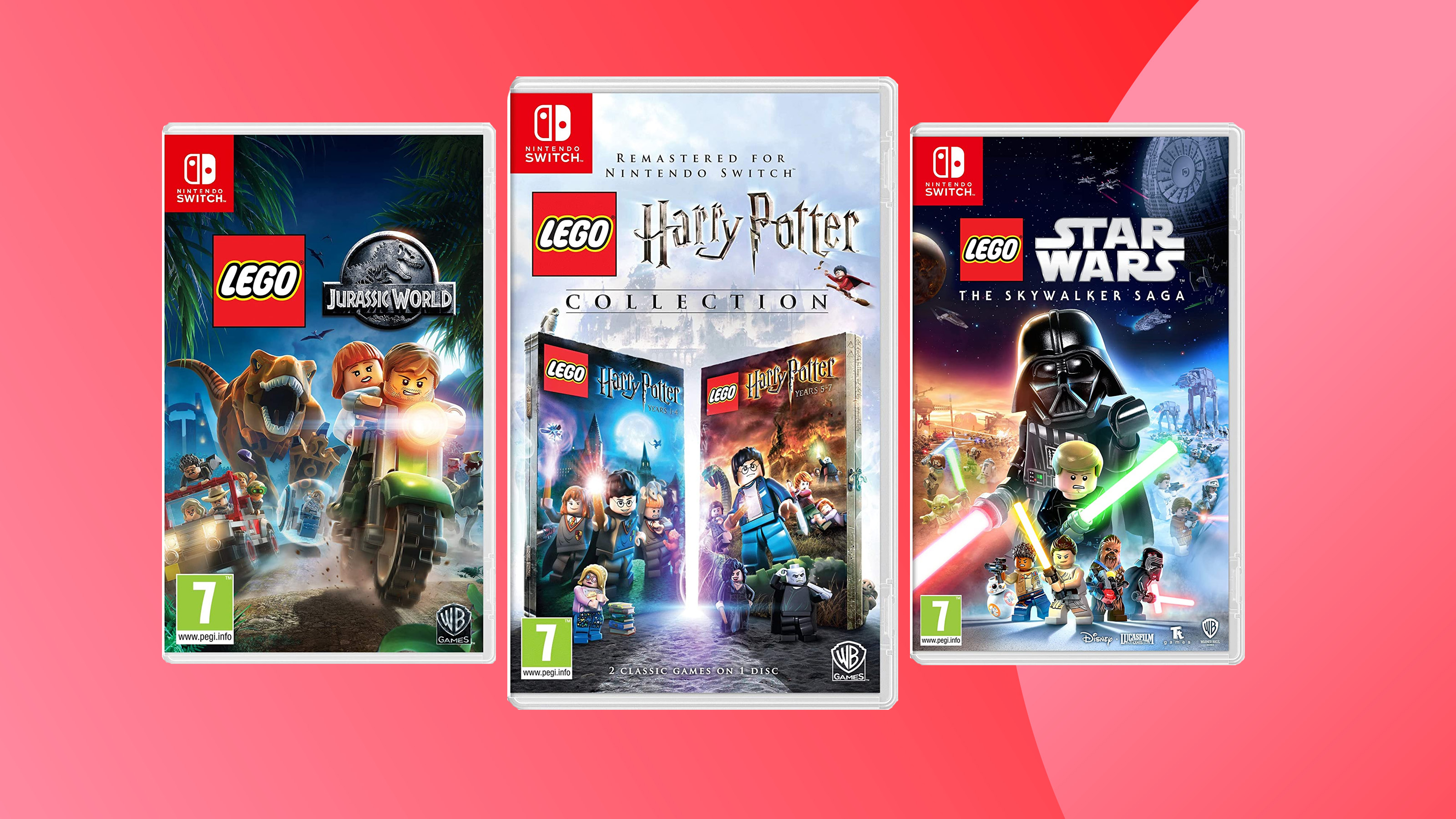 Product shots of various LEGO Switch games on a colorful background