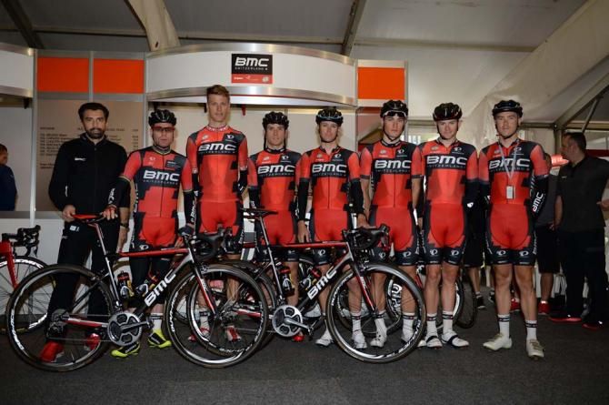 The BMC team pose for a photo together with team leader Cadel Evans