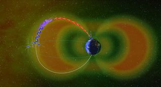 An illustration showing the donut-shaped Van Allen radiation belts swirling around Earth, with electrons spiraling through them.