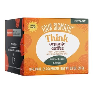 An orange box of Four Sigmatic Think Mushroom Coffee
