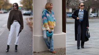 Three women wearing straight leg jeans with jumpers to show how to style straight leg jeans