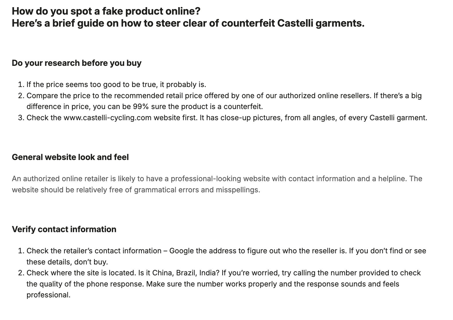 Screenshot of Castelli guide to spotting counterfeits