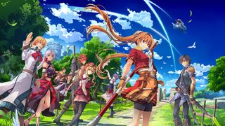 The cast of Trails in the Sky 1st Chapter stand in front of blue skies and green grass in the PS Store key art