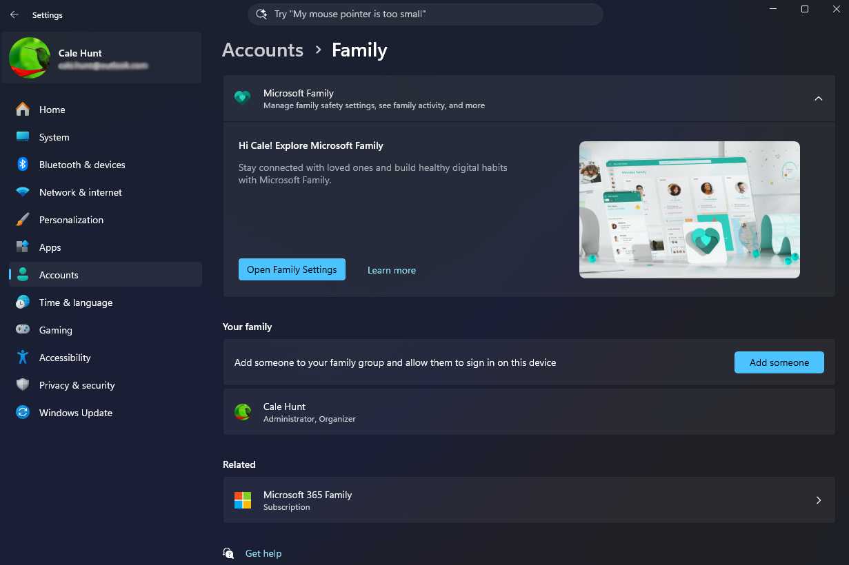 Screenshot of Microsoft Family settings interface, showing Cale Hunt's profile, options to manage family members, and a digital dashboard illustration.