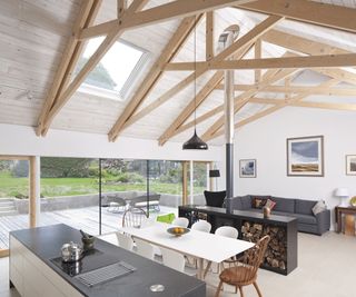 Pitched roof with timber rafters and log burner open plan living room and kitchen