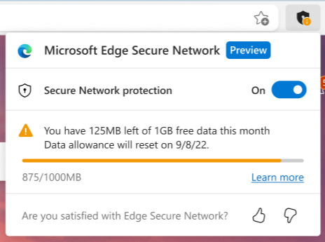 Microsoft Edge Insider preview VPN data usage screen