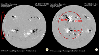 Active regions on the sun as seen on Jan. 13, 2023 (left), and Jan. 18, 2023 (right).