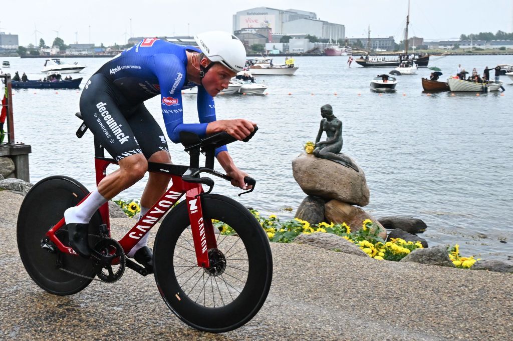 va Alpecin Deceuninck teams Dutch rider Mathieu Van Der Poel cycles past the Little Mermaid statue during the 1st stage of the 109th edition of the Tour de France cycling race 132 km individual time trial stage in Copenhagen in Denmark on July 1 2022 Photo by AnneChristine POUJOULAT AFP Photo by ANNECHRISTINE POUJOULATAFP via Getty Images