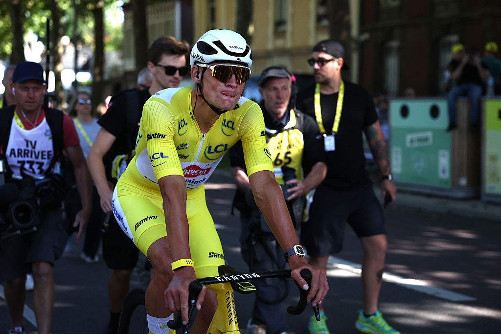 ROUEN, FRANCE - JULY 08: Second place winner Mathieu Van Der Poel of Netherlands and Team Alpecin - Deceuninck - Yellow leader jersey react after during the 112th Tour de France, Stage 4 a 174.2km stage from Amiens Metropole to Rouen / #UCIWT / on July 08, 2025 in Rouen, France. (Photo by Anne-Christine Poujoulat - Pool/Getty Images)