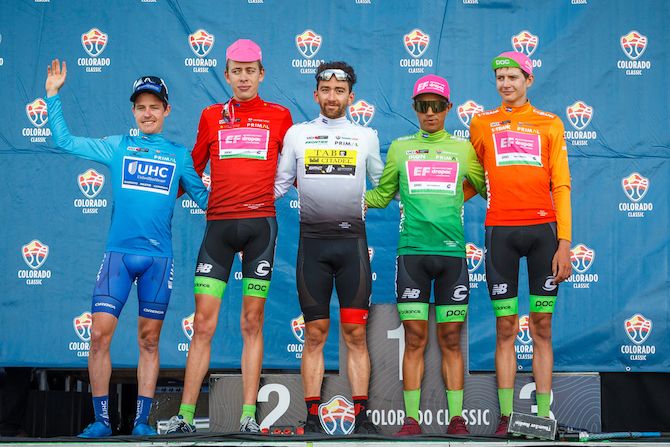 The leaders' jerseys after stage 3 of the 2018 Colorado Classic