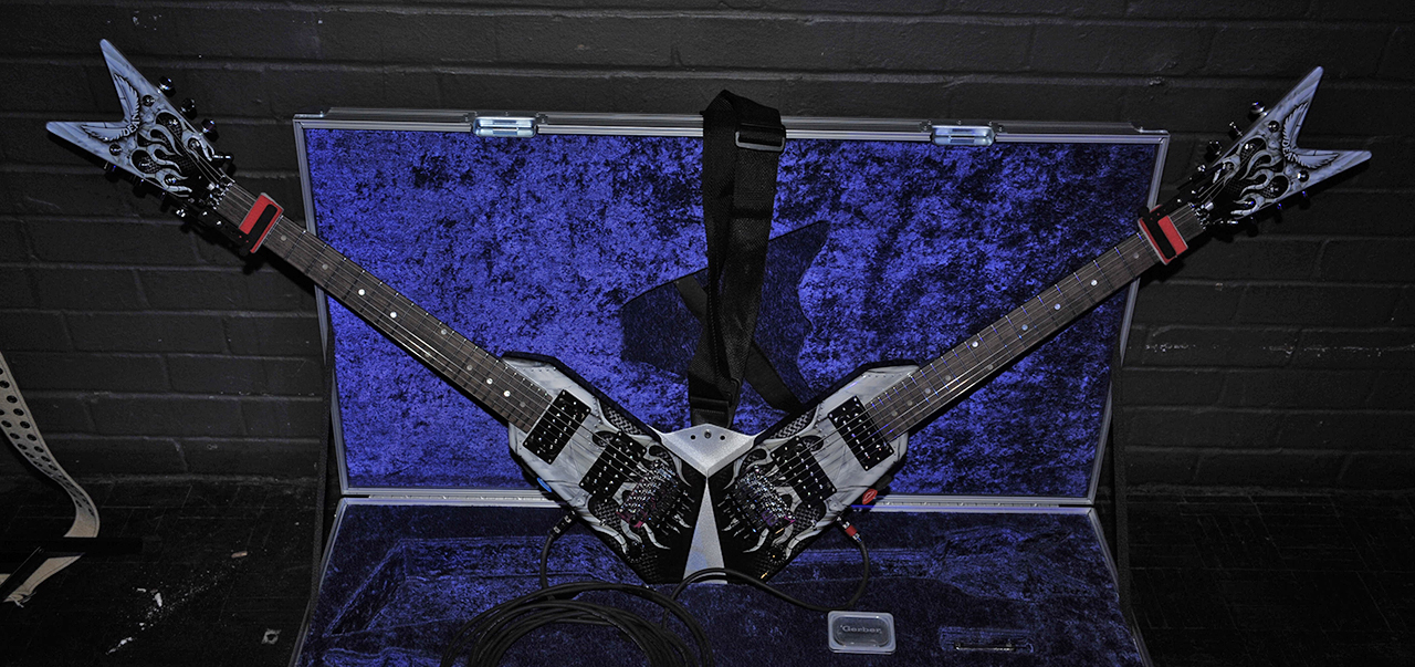 A custom Dean duel neck guitar belonging to guitarist Michael Angelo Batio, on show at the Dean DOA event at the Albany Theatre &amp;ndash; pictured on August 11, 2009