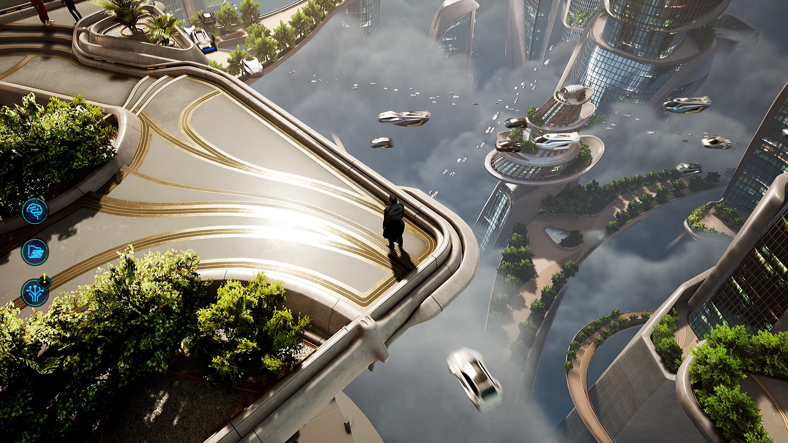 A balcony overlooking clouds and flying cars