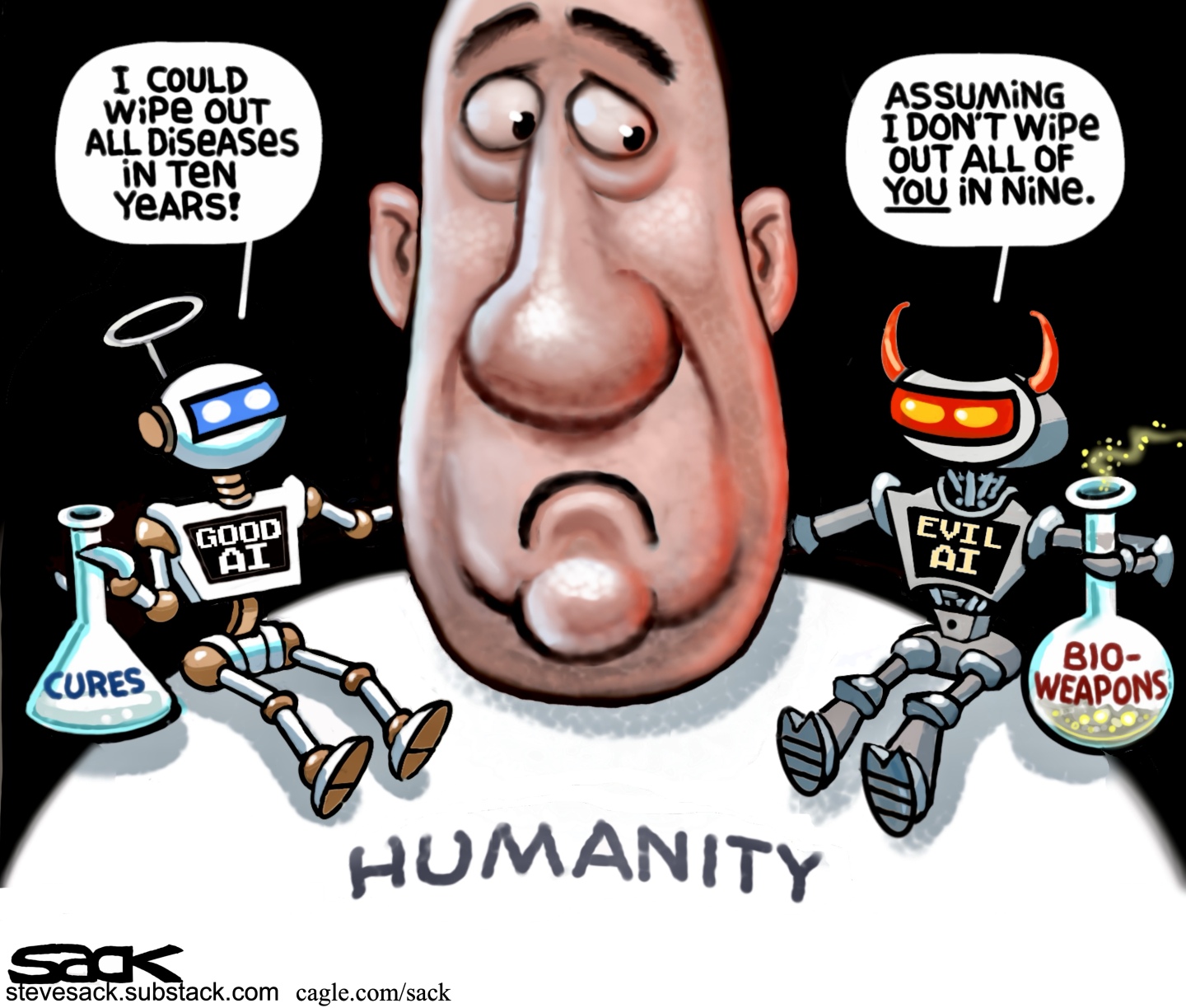 An angelic robot and a devilish robot sit on the shoulders of a man labeled &amp;ldquo;Humanity.&amp;rdquo; The angel robot is named &amp;ldquo;Good AI&amp;rdquo;, holds a lab flask with cures, and says &amp;ldquo;I could wipe out all diseases in ten years!&amp;rdquo; The Evil AI robot has a flask filled with bio-weapons and says, &amp;ldquo;Assuming I don&amp;rsquo;t wipe out all of you in nine.&amp;rdquo;