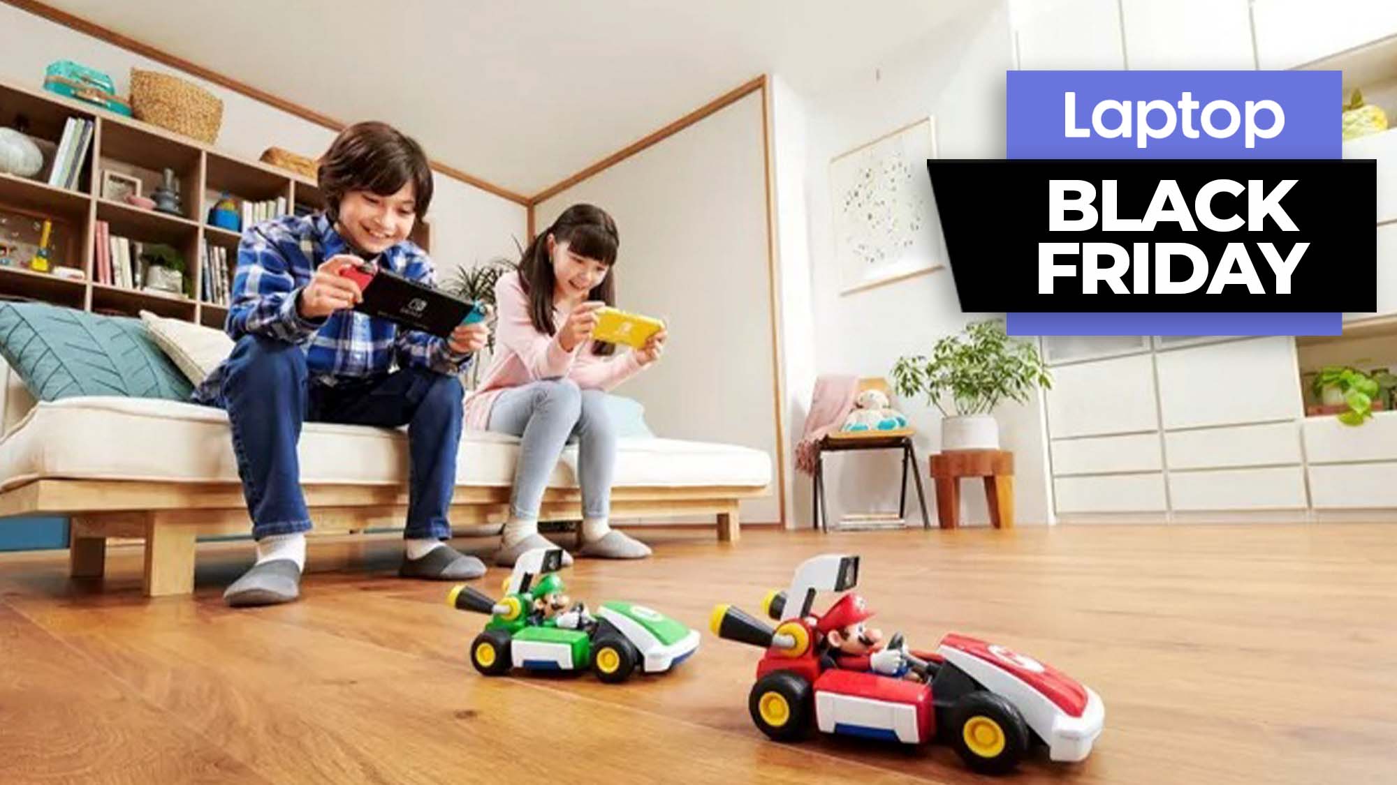 Mario Kart Live Mario and Luigi R/C vehicles driving on a wood floor in front of a boy and a girl controlling them from their Nintendo Switch and Switch Lite on a couch