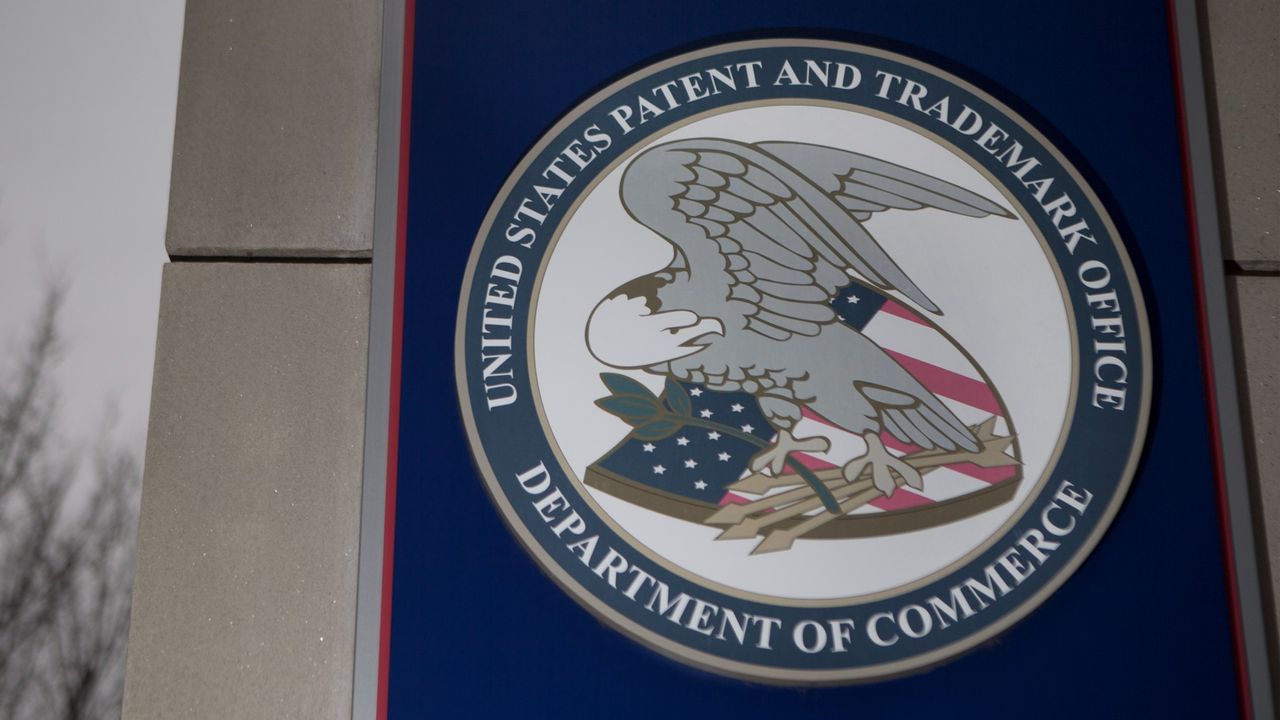 The U.S. Patent and Trademark Office seal is seen in Alexandria, Virginia.