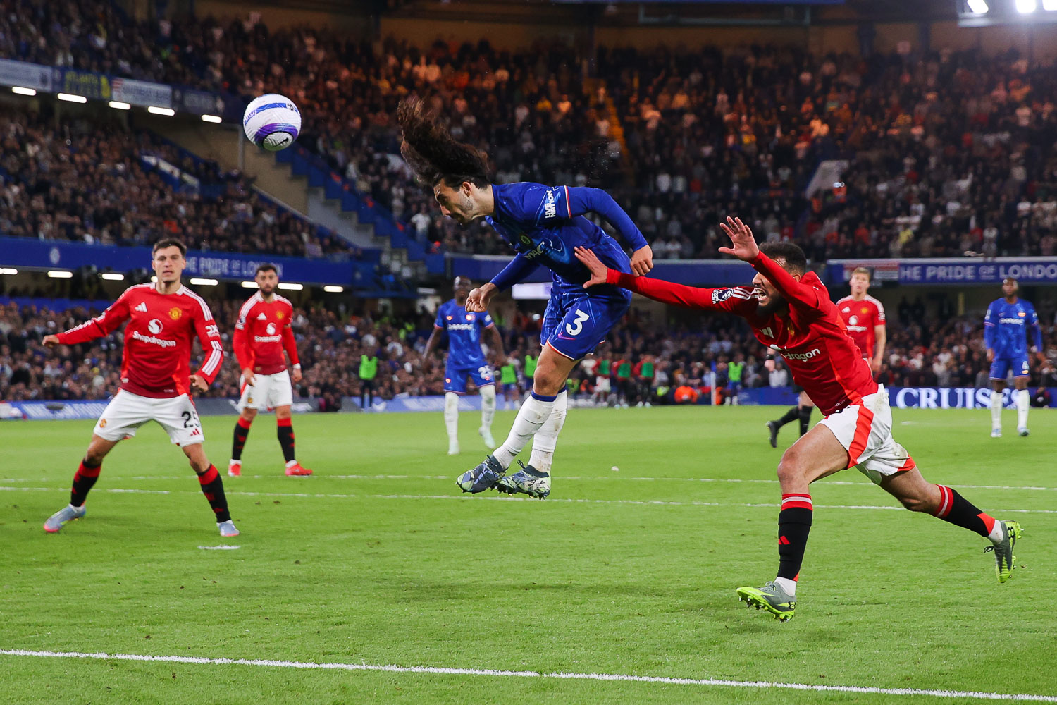 Marc Cucurella heads the winning goal for Chelsea against Manchester United in the Premier League at Stamford Bridge in May 2025.