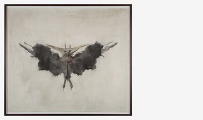 Painting of a bat with wings out against a grey background