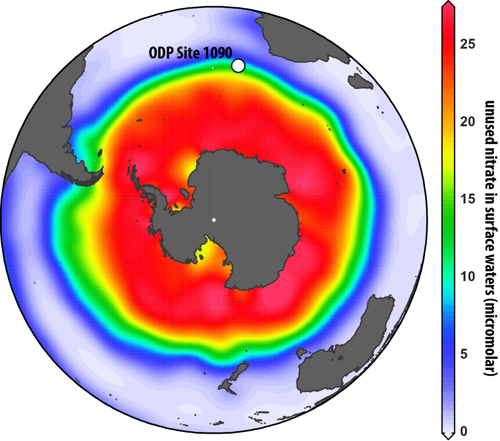 Location of the sediment core analyzed in the study (ODP Site 1090), shown against the concentration of nitrate in surface waters.