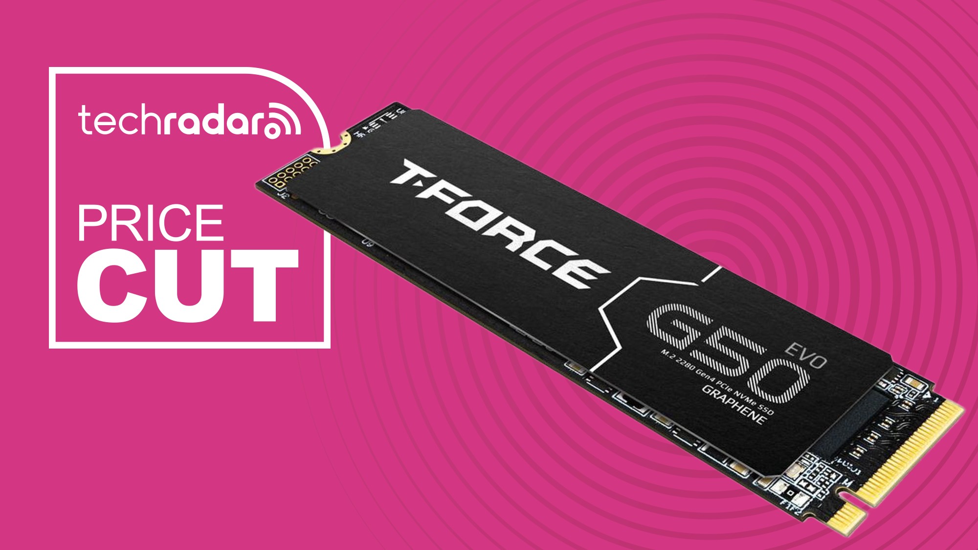 The TeamGroup T-Force G50 4TB SSD on a pink background next to a white TechRadar badge that reads 'Price Cut'