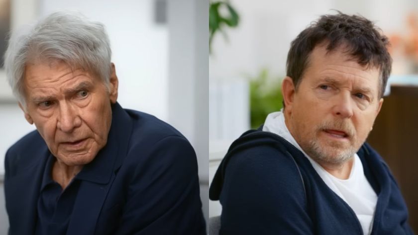 From left to right: Harrison Ford looking to his right and Michael J. Fox looking to the left on Shrinking. 